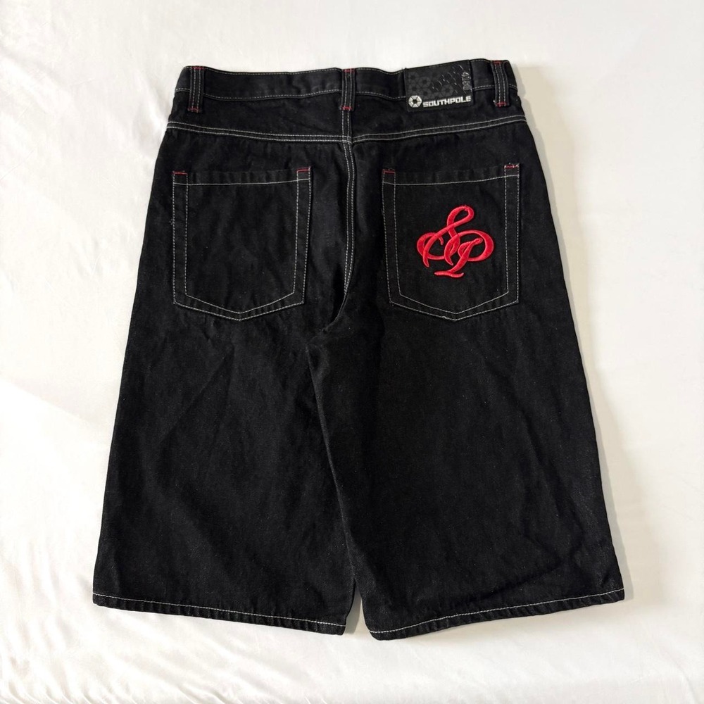 Southpole Baggy Jorts Men 36 Black Contrast Stitch Embroidered Logo Denim